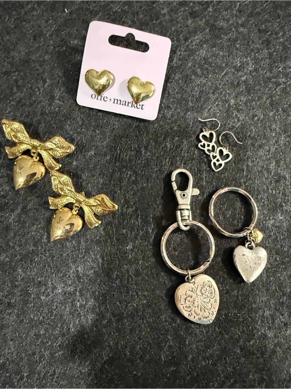 Gold Heart Stud Earrings, Gold Heart w/bow, Silver earrings, 2 Silver key rings